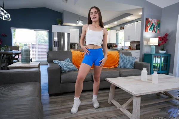 Skinny teen Juniper Ren fingers her shaved pussy in white socks  - Socks, Teen, Spreading, Pussy, Fingering, Ass, Shorts, Clothed, Shaved, Asshole  - Photo 1
