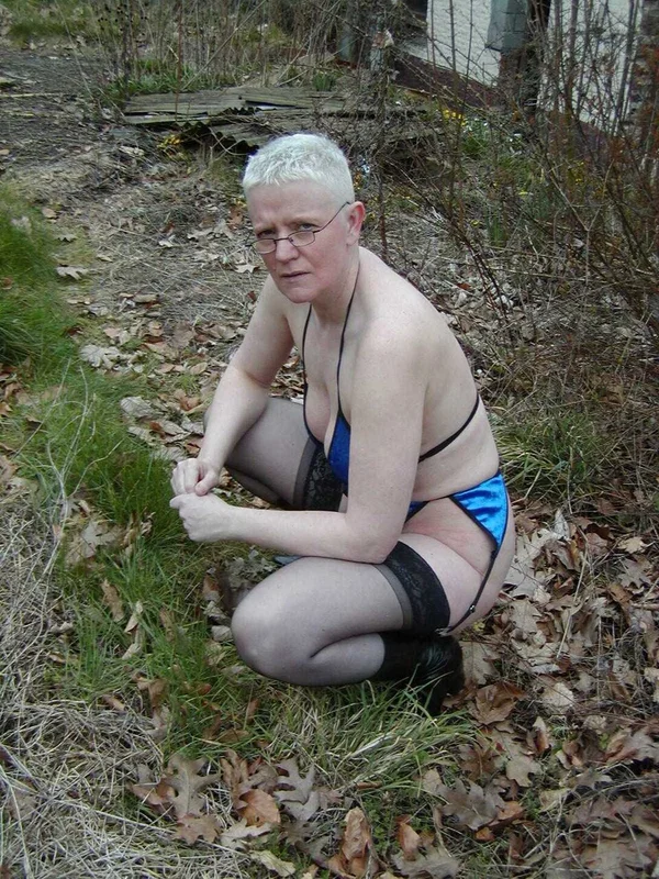 Older woman Tiffany Pearl strips to a bikini and nylons in a backyard  - Mature, Outdoor, Thick, Saggy Tits, Chubby, BBW, Curvy, Leather, Lingerie, Glasses  - Photo 12