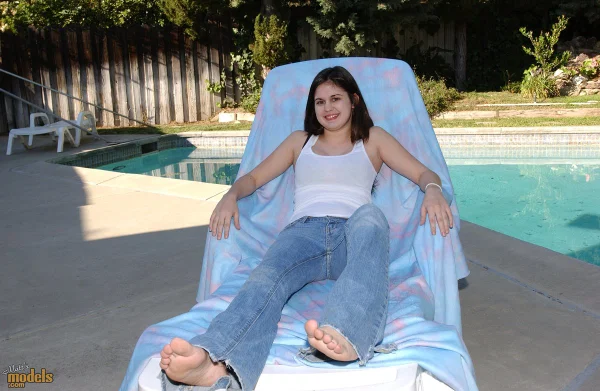Sweet brunette teen with a perfect ass Kaycey goes nude near a swimming pool  - Amateur, Teen, Ass, Outdoor, PAWG, Jeans, Panties, Close Up, Undressing, Feet  - Photo 1