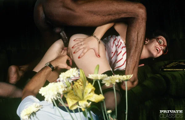 Caucasian chick with short brunette hair gets cum on glasses during MMF sex  - Interracial, Hairy, MMF, Glasses, Short Hair, Threesome, Clothed, Facial, Cumshot, Reality  - Photo 9