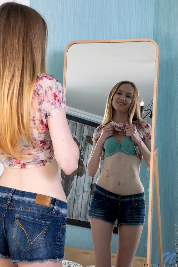 Leggy teen Alisa Lee admires her slender figure in a bedroom mirror  - Skinny, Teen, Spreading, Shaved, Feet, Pussy, Shorts, Lingerie, Beautiful, Babe  - Photo 2