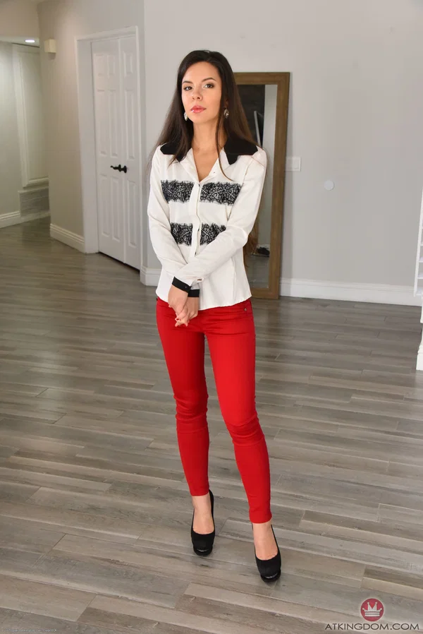 Brunette teen Milana May frees her hot body from red pants and a blouse  - Amateur, Cute, Petite, Teen, White, Brunette  - Photo 1