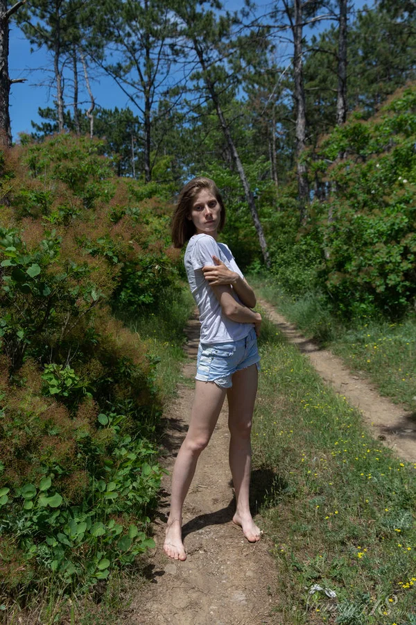 Barely legal teen Anna R gets completely naked on a dirt path in the woods  - Outdoor, Ass, Pussy, Teen, Spreading, Shorts, PAWG, Nipples, Asshole, Undressing  - Photo 1