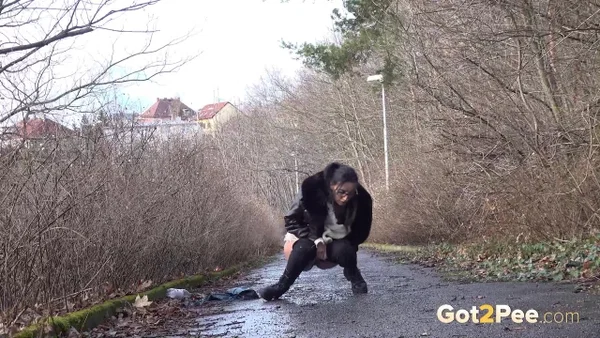 Brunette chick Shalina Shine gets caught taking a piss upon wet pavement  - Pissing, Public, Boots, Close Up, Outdoor, Glasses, Pussy, Tattoo, Babe, Beautiful  - Photo 3