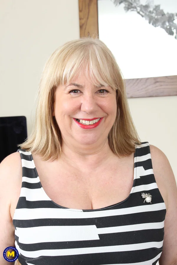Blonde mature Auntie Trisha strips to lingerie and fucks a skinny guy  - Old Young, Mature, BBW, Thick, Curvy, Chubby, Undressing, Stockings, Blonde, European  - Photo 1