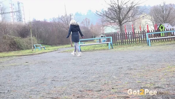 Blonde girl Victoria Pure pulls down her leggings to pee against a public tree  - Pissing, Public, Beautiful, Czech, Outdoor, Blonde, Close Up, Pussy, Shaved, Babe  - Photo 15