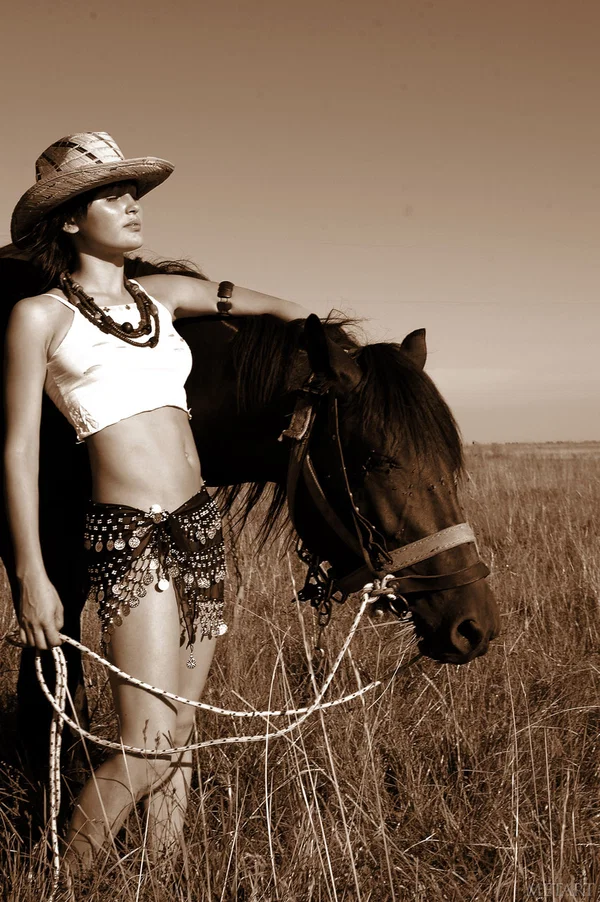 Solo girl rides a horse topless and clothed before donning a hat and skirt  - Farm, Outdoor, Teen, Tiny Tits, Legs, Skirt, Ass, Glamour, Clothed, Nipples  - Photo 18