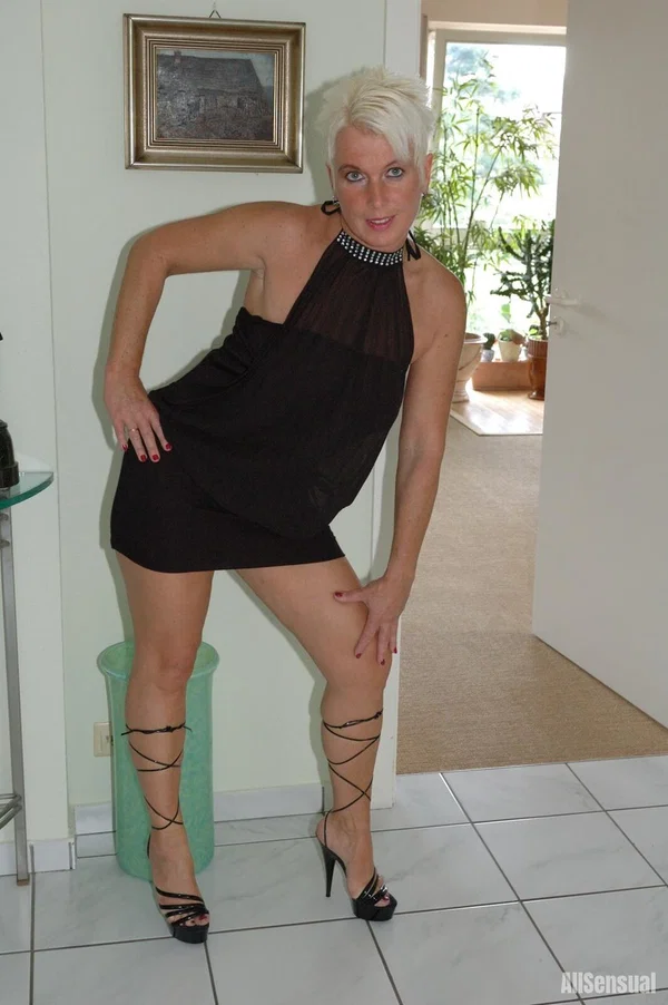 Mature platinum blonde Claudia works her natural tits free of a black dress  - Mature, Short Hair, Amateur, Upskirt, Clothed, Blonde, Skirt, Spreading, Big Tits, Panties  - Photo 2