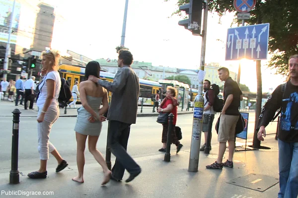 Amateur chick Lucy Bell is left handcuffed and naked on a public sidewalk  - Public, BDSM, Bondage, Outdoor, Ass, Skirt, Natural Tits, Non Nude, Upskirt, Clothed  - Photo 10
