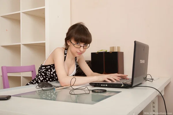 Brunette teen in sexy pantyhose Miki unveils her tight beaver on desk  - Glasses, Hairy, Amateur, Tiny Tits, Teen, Ass, Spreading, Beautiful, Stockings, Cute  - Photo 1