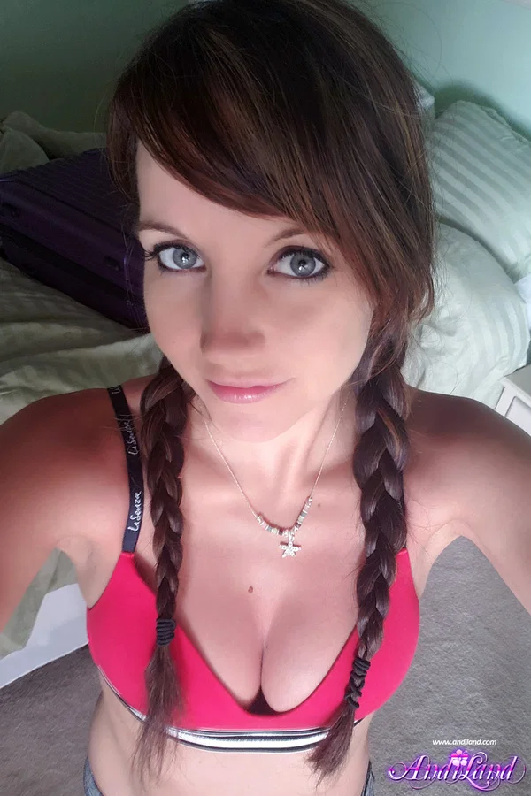 Thin teen Andi Land tugs on braided pigtails before showing her tits and pussy  - Shaved, Amateur, Teen, Close Up, Skinny, Nipples, Pigtails, Piercing, Beautiful, Ass  - Photo 3