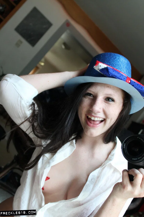 Cute teen Freckles 18 takes self shots in a mirror during SFW action  - Selfie, Teen, Amateur, Shorts, Big Tits, Clothed, Beautiful, Babe, Close Up, Natural Tits  - Photo 4