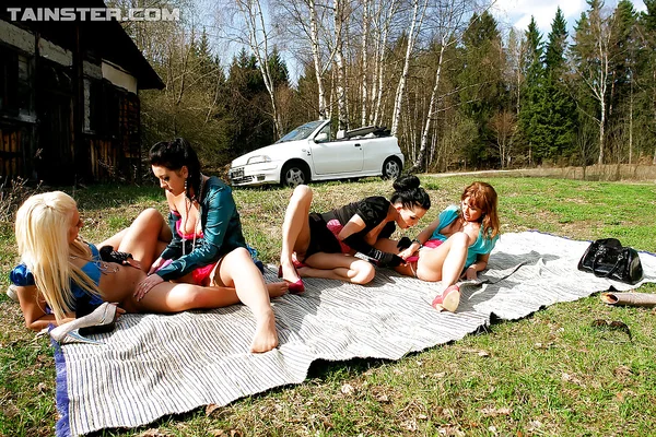European fetish ladies enjoy wet lesbian foursome outdoor  - Pissing, Clothed, European, Outdoor, Lesbian, Skirt, Pussy Licking, High Heels, Dildo, Kissing  - Photo 14