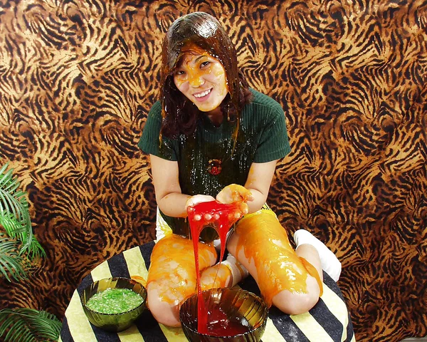 Lecherous thai floosie makes some non nude messy and slimy action  - Oiled, Asian, Fetish, Clothed, Brunette, Schoolgirl, Short Hair  - Photo 1