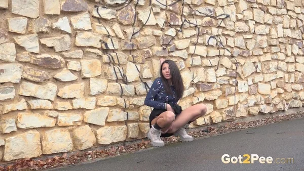 Mini Mitzi squats against a stone wall to take a badly needed piss  - Public, Petite, Outdoor, Spreading, Close Up, Pussy, Skirt, European, Czech, Non Nude  - Photo 3