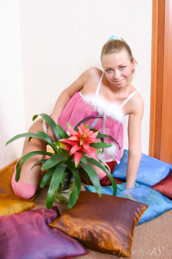 18-year-old girl uncovers her firm tits while wearing pink hosiery  - Teen, Sexy, Beautiful, Cute, Model, Blonde, Glamour, Stockings, Nipples, Babe  - Photo 4
