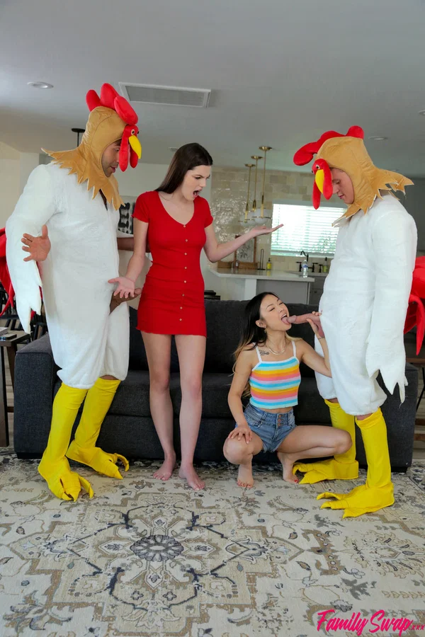 Hot babes get creampied in a kinky foursome with guys in chicken costumes  - Hardcore, Pussy, Petite, Amateur, Handjob, Spreading, Blowjob, Legs, Feet, Cowgirl  - Photo 5
