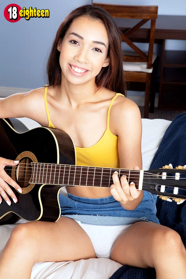 Slim teen Jackie Rogen strums a guitar before getting naked for a finger fuck  - Skinny, Sandals, Pussy, Spreading, Amateur, Ass, Panties, Teen, Brunette, Latina  - Photo 3