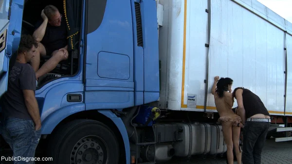 Female sex slaves are forced into sucking cock in front of a truck driver  - Public, Couple, Femdom, Facial, BDSM, Bondage, Brunette, Schoolgirl, Babe, Beautiful  - Photo 4