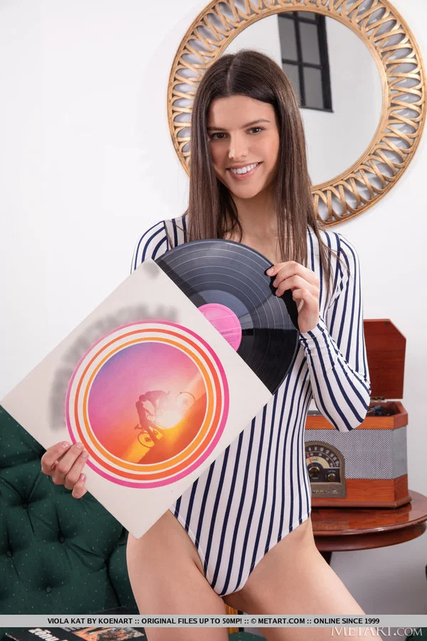 Sweet teen Viola Kat removes a bodysuit to get naked amid a record collection  - Bodysuit, Beautiful, Tiny Tits, Ass, PAWG, Pussy, Spreading, Model, Shaved, Teen  - Photo 1