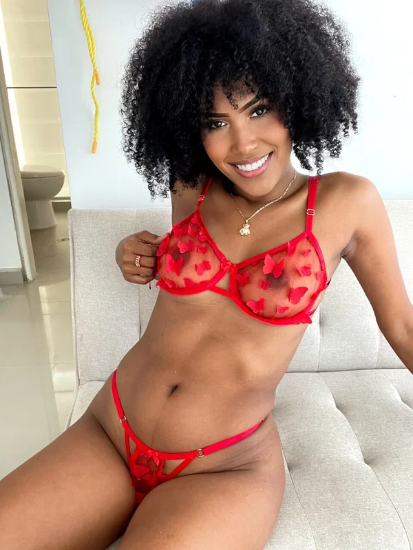 Curly-haired OnlyFans doll Emanuela Ebony poses in her hot red lingerie  - Ebony, Black, African, Amateur, Lingerie, Model, Sexy, Glamour, Ass, Non Nude  - Photo 13