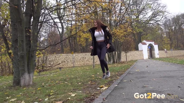 Caucasian girl Maddi Black takes a piss up against a tree in a park  - Pissing, Public, Pussy, Outdoor, European, Close Up, Beautiful, Babe, Non Nude, Solo  - Photo 2