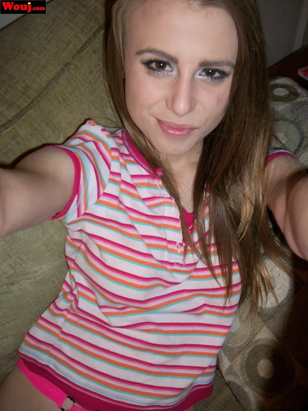 Amateur babe WouJ poses in sexy pink undies and a striped shirt on her couch  - Amateur, Babe, Beautiful, Solo, Skinny  - Photo 9