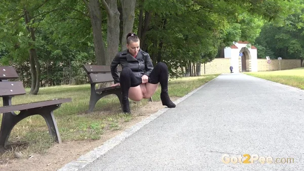 White girl Victoria Daniels takes a piss next to a bench in a public park  - Pissing, Public, Fetish, Leather, Pussy, Outdoor, Czech, Shaved, Spreading, Undressing  - Photo 4