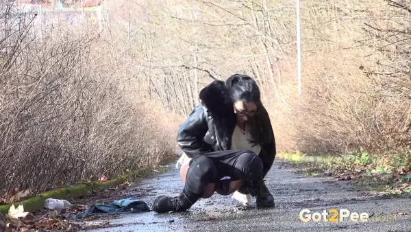 Brunette chick Shalina Shine gets caught taking a piss upon wet pavement  - Pissing, Public, Boots, Close Up, Outdoor, Glasses, Pussy, Tattoo, Babe, Beautiful  - Photo 13