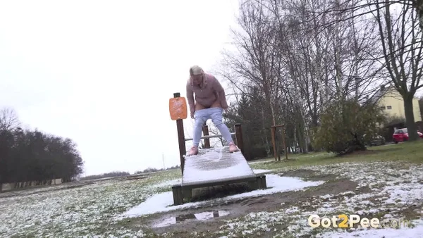 Blonde girl Licky Lex takes a pee on a snow-covered slide at a park  - Public, Pissing, Jeans, Beautiful, Czech, Pussy, Babe, Outdoor, Spreading, Close Up  - Photo 13