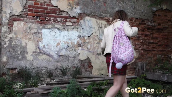 Short taken girl Rita ducks behind a building for a badly needed piss  - Pissing, Public, Upskirt, Beautiful, Hairy, Outdoor, Pussy, Panties, Spreading, Skirt  - Photo 2