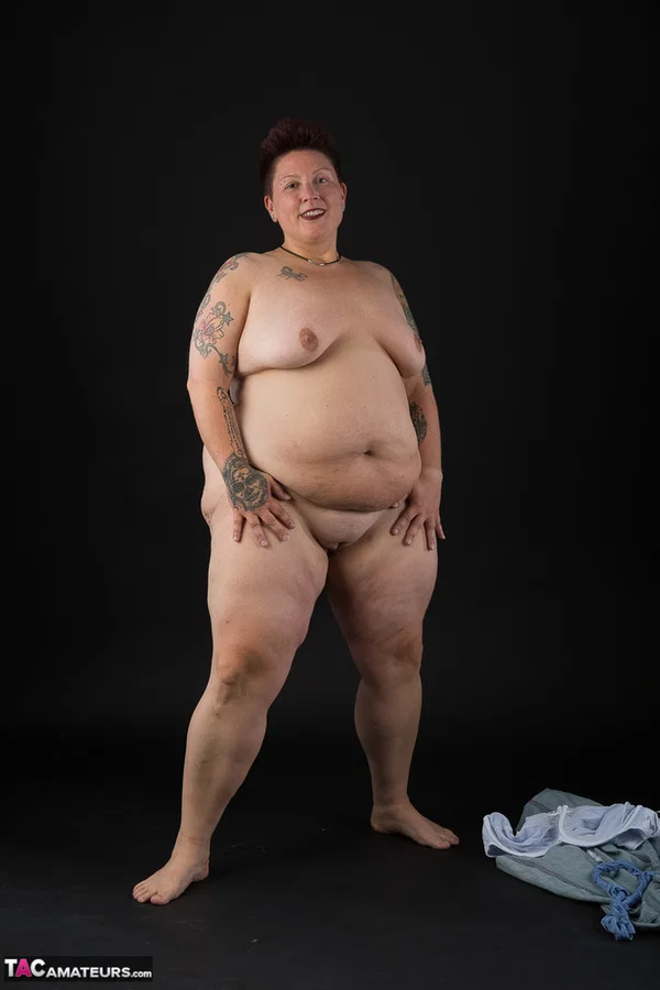 Fat amateur Tattoo Girl cups her boobs after taking off her clothes  - BBW, Mature, Amateur, Tattoo, Lingerie, Jeans, Panties, Brunette, Chubby, Short Hair  - Photo 18