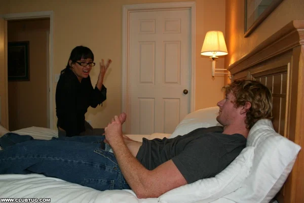 Nerdy brunette Angie Noire gives an excellent blowjob to a cute stud  - Handjob, Cougar, Big Cock, Glasses, MILF, Clothed, POV, White, Reality, Blowjob  - Photo 1