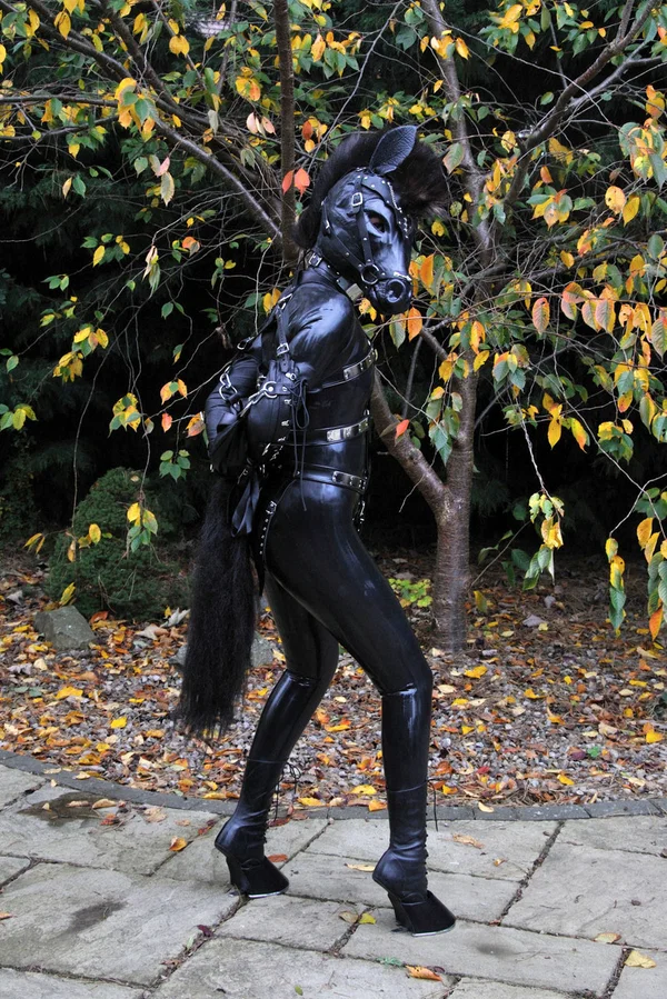 Kinky slut posing outdoors in a horse mask and a full-coverage latex outfit  - Latex, Fetish, BDSM, Bondage, Schoolgirl, Outdoor, Non Nude  - Photo 11