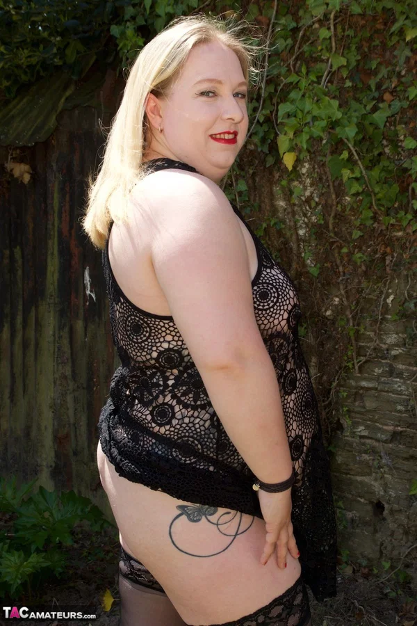 Older BBW Dirty Doctor gets naked in the backyard while wearing stockings  - Mature, BBW, Stockings, High Heels, Spreading, Outdoor, Chubby, Clothed, Skirt, Ass  - Photo 3