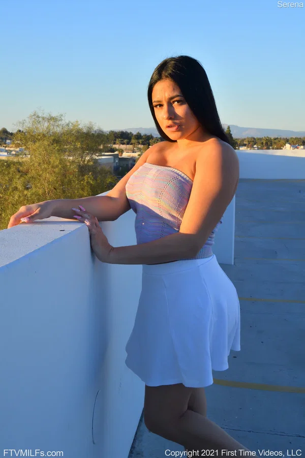 Salacious beauty Serena exposes her big tits and shaved cunt on the rooftop  - Latina, MILF, Upskirt, Pussy, Ass, Amateur, Clothed, Outdoor, Spreading, Skirt  - Photo 1