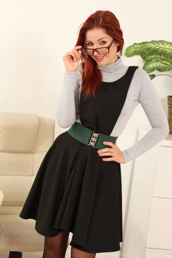 Redhead geek Lucie Kent shows off her natural tits in lusty lingerie  - Secretary, Office, Stockings, MILF, Redhead, Sexy, Lingerie, Uniform, Skirt, Glasses  - Photo 1