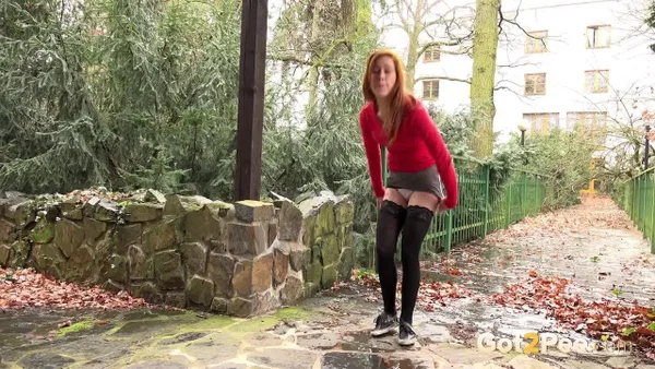Redhead Sandra lifts her skirt to take a long hot pee in public  - Pissing, Public, Panties, Redhead, Stockings, Babe, Close Up, Skirt, Czech, Ass  - Photo 14