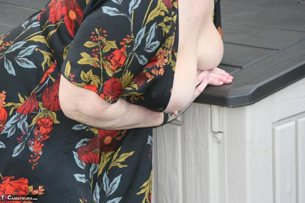 Naughty granny shows her tits and twat in backyard wearing red stockings  - Granny, BBW, Clothed, Big Tits, Amateur, Outdoor, Glasses, Stockings, Spreading, Shaved  - Photo 5