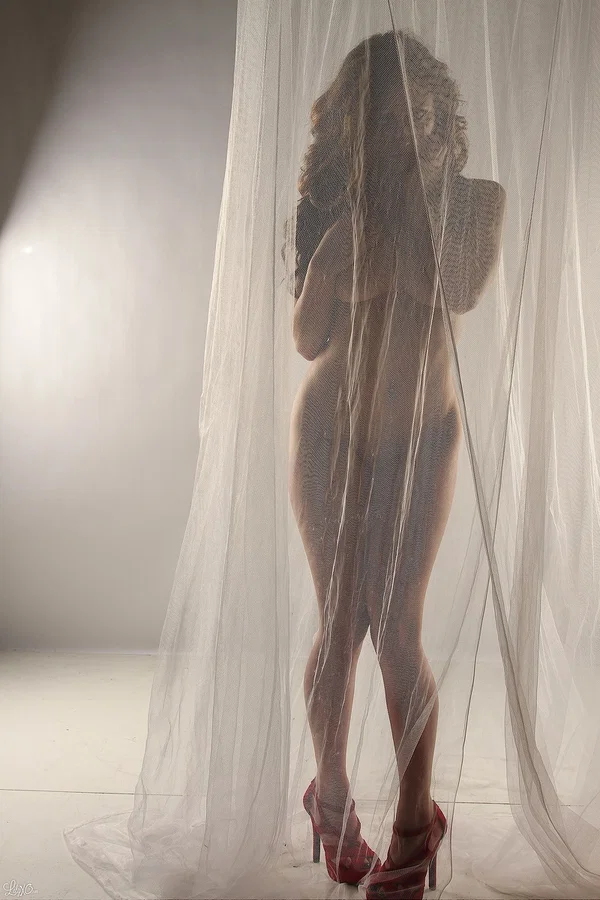 Amateur model Lily Xo poses naked behind sheer curtains in high heels  - Amateur, Beautiful, Big Tits, Natural Tits, Ass, PAWG, Solo, Tattoo, Babe  - Photo 1