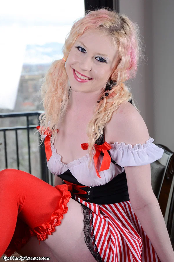 Cute blonde teen Sam releases her small tits from a cute outfit  - Skirt, Amateur, Stockings, Pigtails, Clothed, Upskirt, Tiny Tits, PAWG, Undressing, Feet  - Photo 6