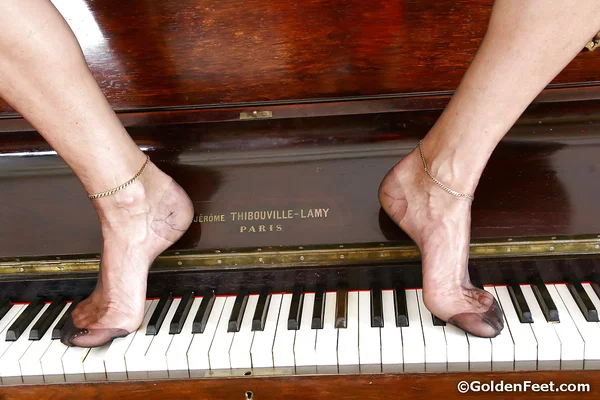 Aged mature woman Lady Sarah playing piano in see thru mesh outfit  - Mature, Stockings, Piercing, European, Close Up, Legs, High Heels, Spreading, Feet, Reality  - Photo 16