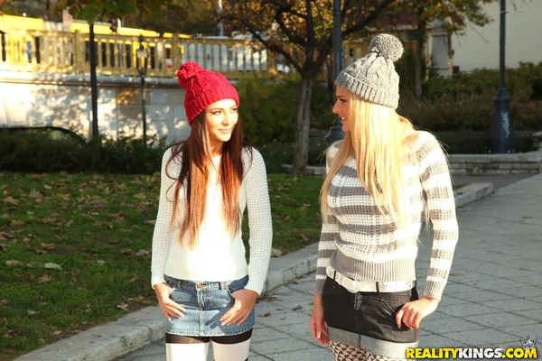 2 hot chicks in toques and funky leggings agree to a foursome fuck with 2 guys  - Reality, Groupsex, Blowjob, Clothed, High Heels, Skirt, European, Ass, Panties, Outdoor  - Photo 2