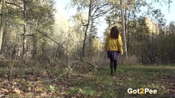 Redheaded girl Alexa pulls down her hose for a piss by a building in the woods  - Pissing, Public, Pussy, Ass, Pantyhose, Beautiful, Hairy, Outdoor, PAWG, Close Up  - Photo 15