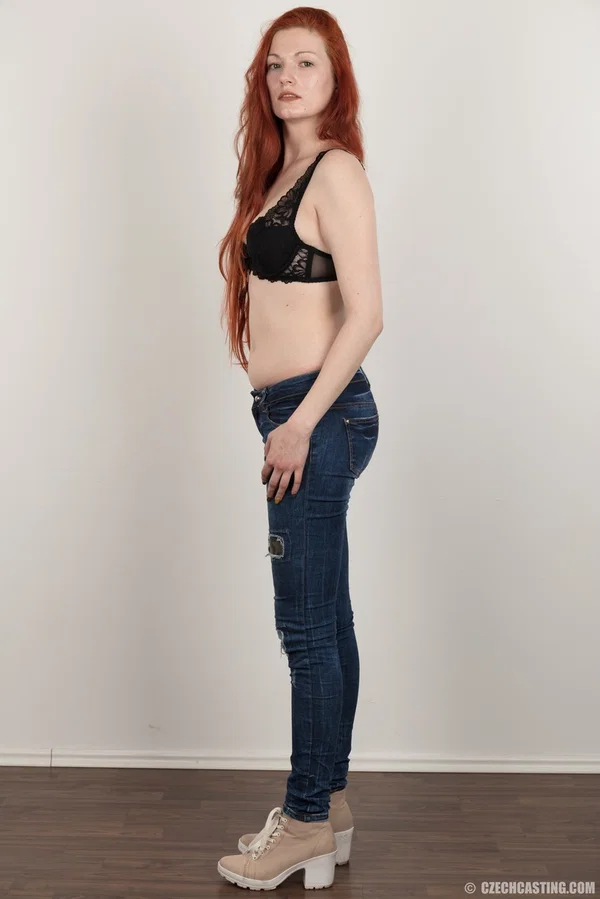Amateur girl with long red hair takes a seat after standing naked  - Czech, Casting, Redhead, Amateur, Jeans, Big Tits, European, Pornstar, Nipples, Close Up  - Photo 6