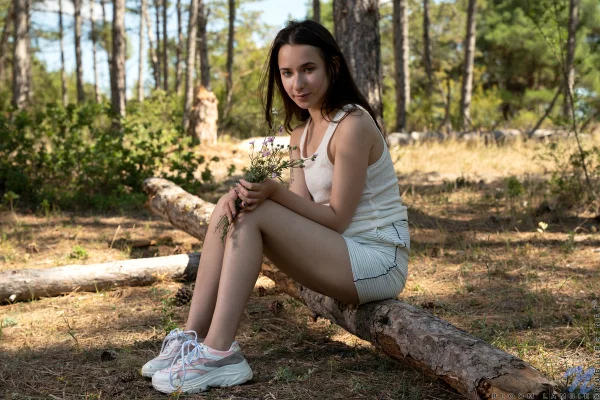 Sweet teen Bloom Lambie finger spreads her pink pussy on a log in the woods  - Spreading, Outdoor, Pussy, Close Up, Czech, Piercing, Natural Tits, Fingering, Tiny Tits, Masturbation  - Photo 1