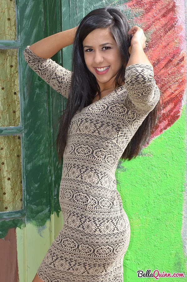 Dark haired Latina girl Bella Quinn models non nude in doorway wearing a dress  - Latina, Brazilian, Public, Skirt, Non Nude, Amateur, Brunette, Ass, Babe, Beautiful  - Photo 5
