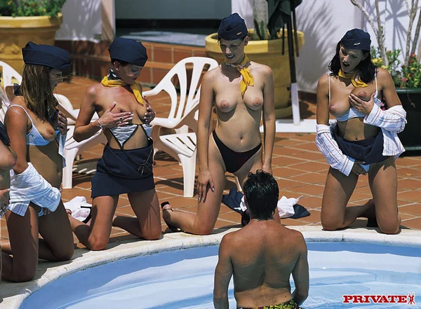 Brunette stewardesses seduce a lucky pilot and get rammed in the pool  - Groupsex, Hairy, Bikini, Uniform, Wet, MILF, Cowgirl, Pool, Czech, Outdoor  - Photo 10