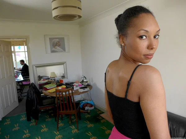 Ebony amateur Sade Rose disrobes to mesh stockings for a clothed business man  - Ebony, Amateur, Pussy, African, Shaved, Natural Tits, Face, Panties, Stockings, Clothed  - Photo 1