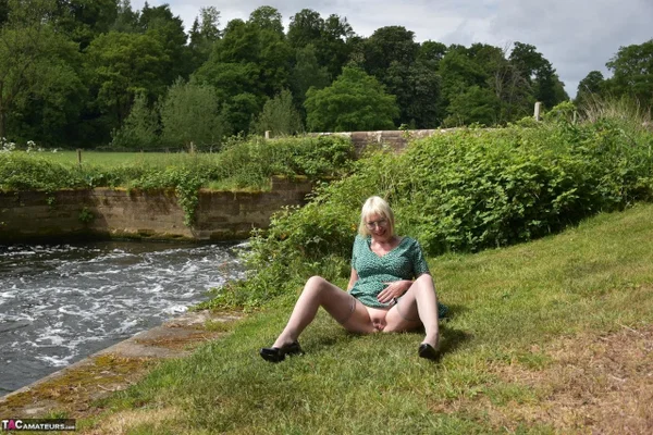 Older blonde Barby Slut flashes her tits and pussy while out in the country  - Mature, Public, Saggy Tits, Upskirt, Glasses, Curvy, Amateur, Chubby, BBW, Short Hair  - Photo 11